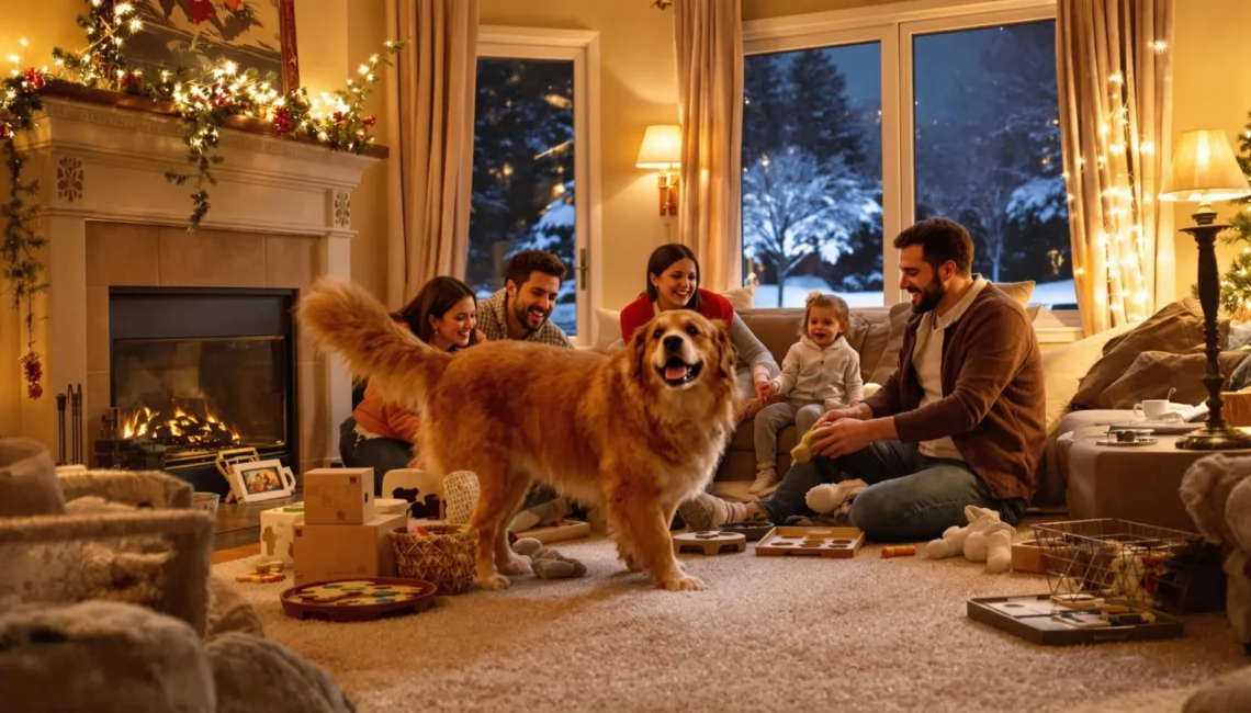 Scène d'une famille dans son salon avec son chien