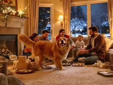 Scène d'une famille dans son salon avec son chien