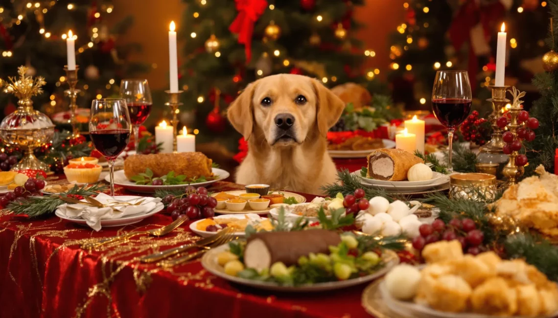 Un chien derrière une table de Noël remplies de plats