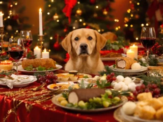 Un chien derrière une table de Noël remplies de plats