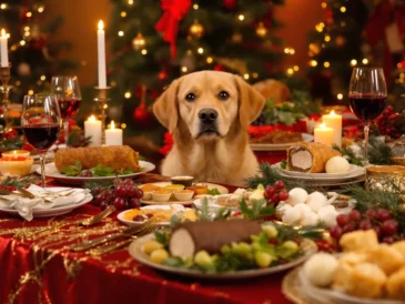 Un chien derrière une table de Noël remplies de plats