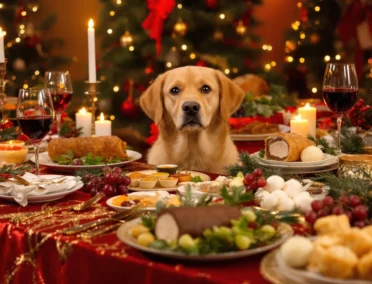 Un chien derrière une table de Noël remplies de plats