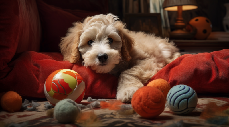 Un chien fraîchement toiletté, qui se repose sur son panier en se demandant avec quelle balle il va jouer.