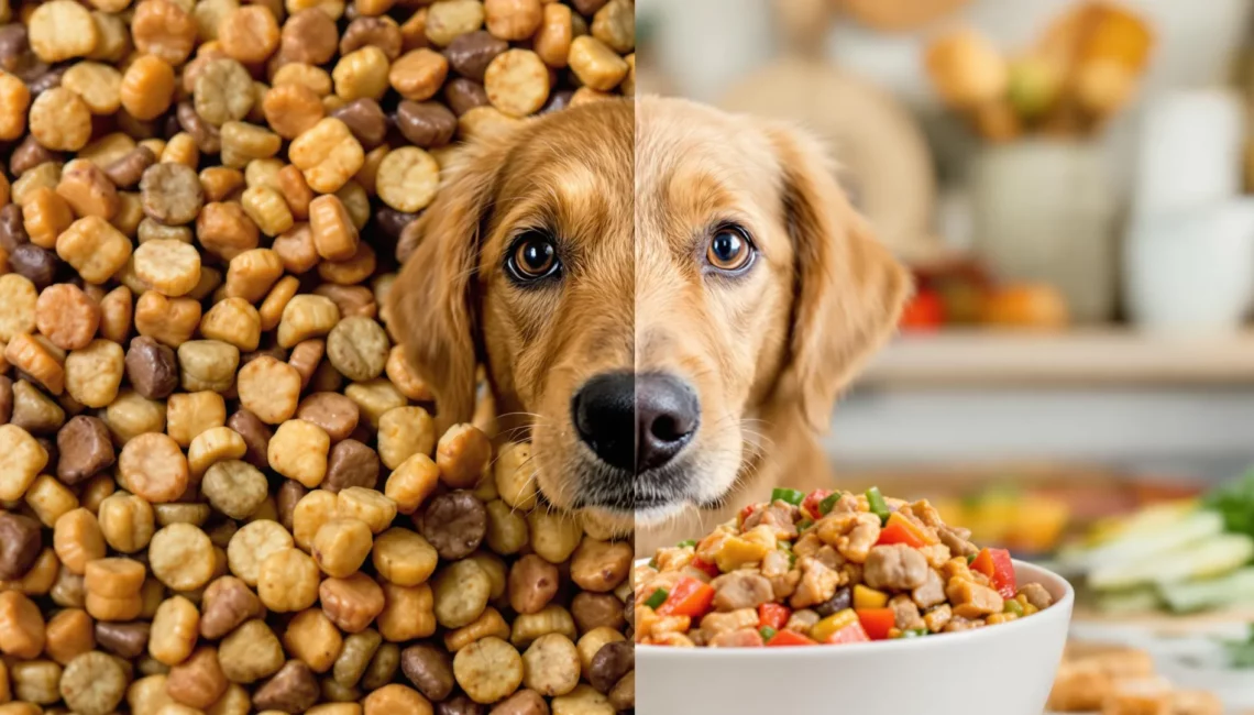 photo comparative entre une gamelle de pâtée pour chien et une gamelle de croquettes pour chien