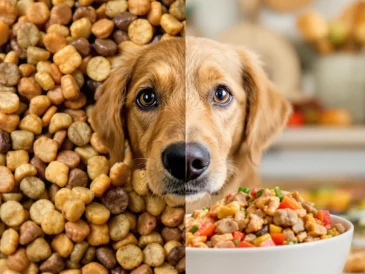 photo comparative entre une gamelle de pâtée pour chien et une gamelle de croquettes pour chien