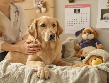 Une chienne dans le cabinet d'une vétérinaire