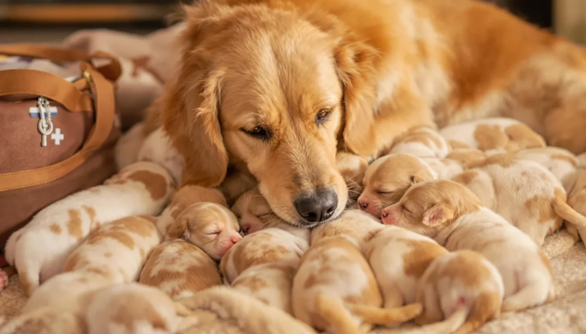 Une chienne avec ses chiots allongés autour d'elle