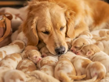 Une chienne avec ses chiots allongés autour d'elle