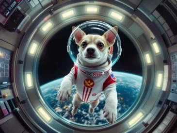 Illustration réaliste d'un petit chien habillée en cosmonaute dans une station spatiale