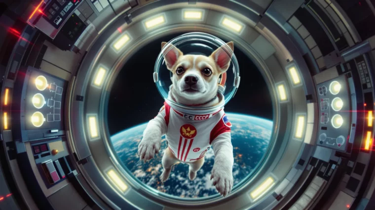 Illustration réaliste d'un petit chien habillée en cosmonaute dans une station spatiale