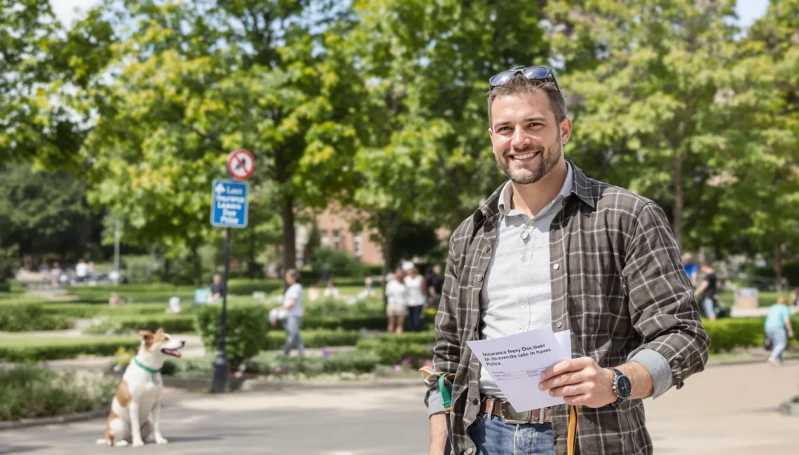 Un homme souriant dans la rue avec son chien au second plan