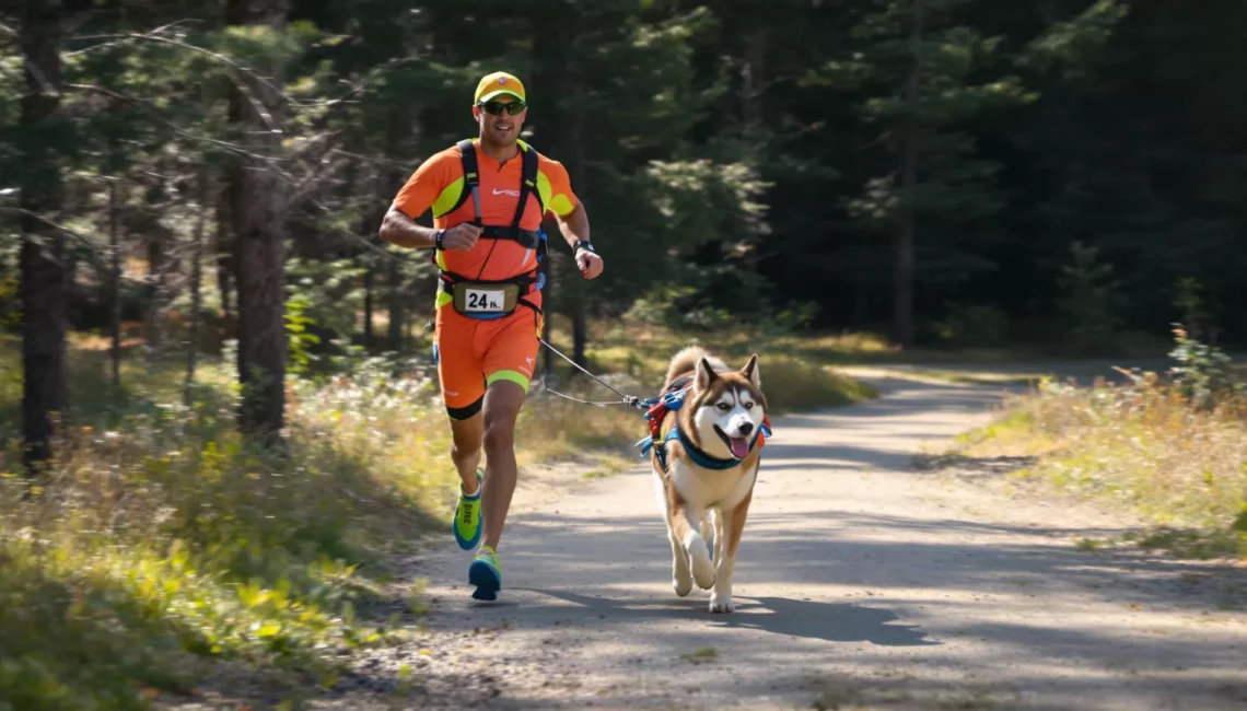 Un homme qui court avec son chien attaché à la taille par une longe