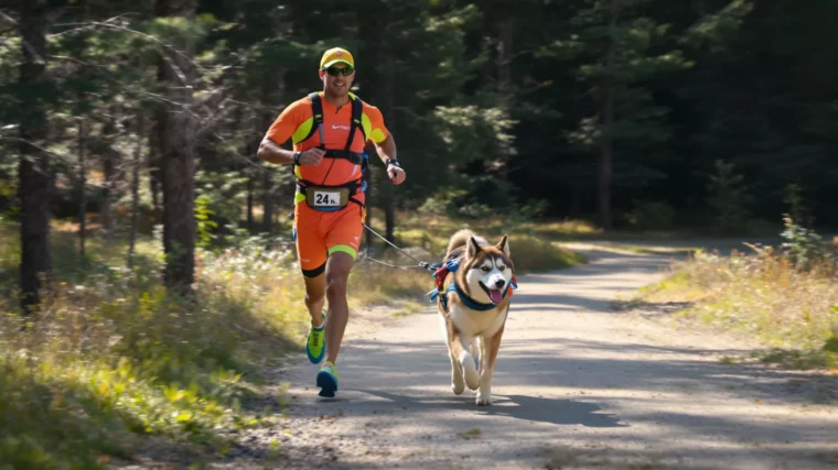 Un homme qui court avec son chien attaché à la taille par une longe