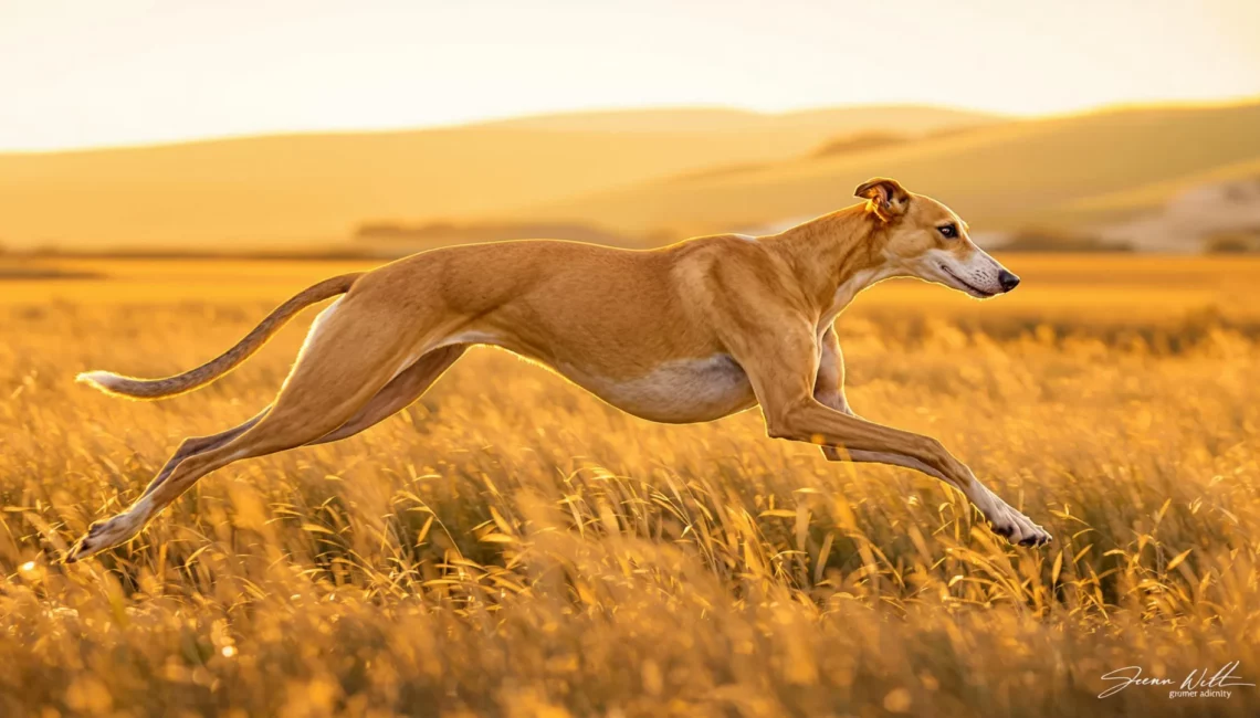 Un lévrier en train de courir dans un champs