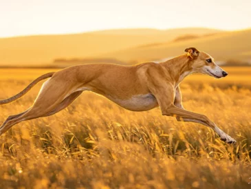 Un lévrier en train de courir dans un champs