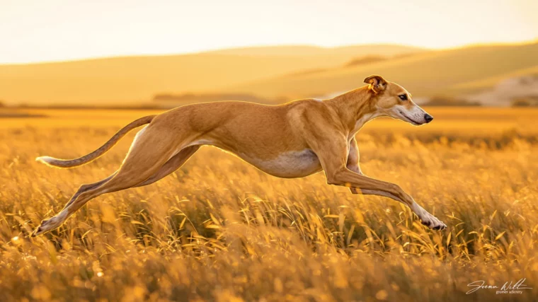 Un lévrier en train de courir dans un champs
