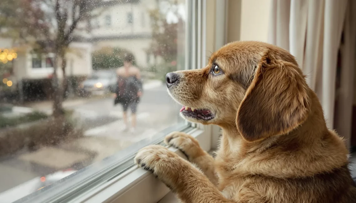 Un chien qui regarde par la fenêtre