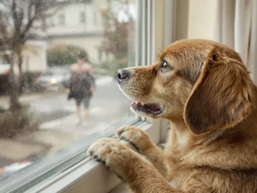 Un chien qui regarde par la fenêtre