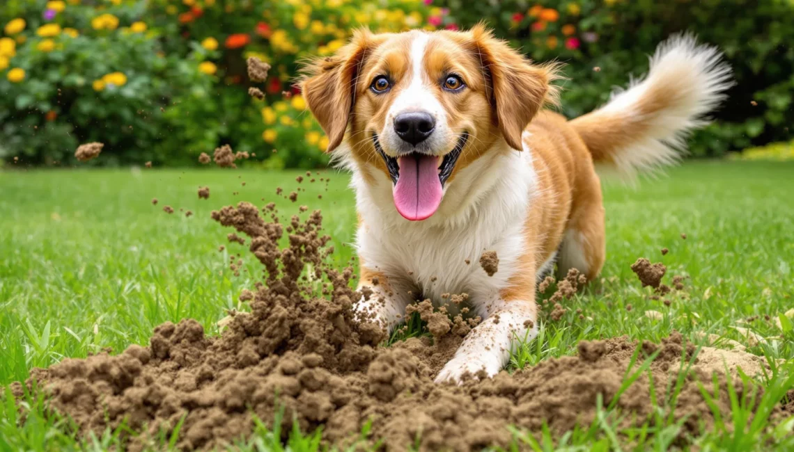 Un chien en train de creuser dans le jardin