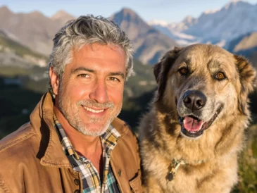 Un homme et son chien en gros plan en pleine montagne