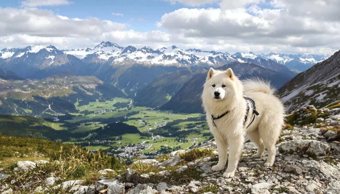 Un patou avec un harnais en montagne