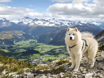 Un patou avec un harnais en montagne