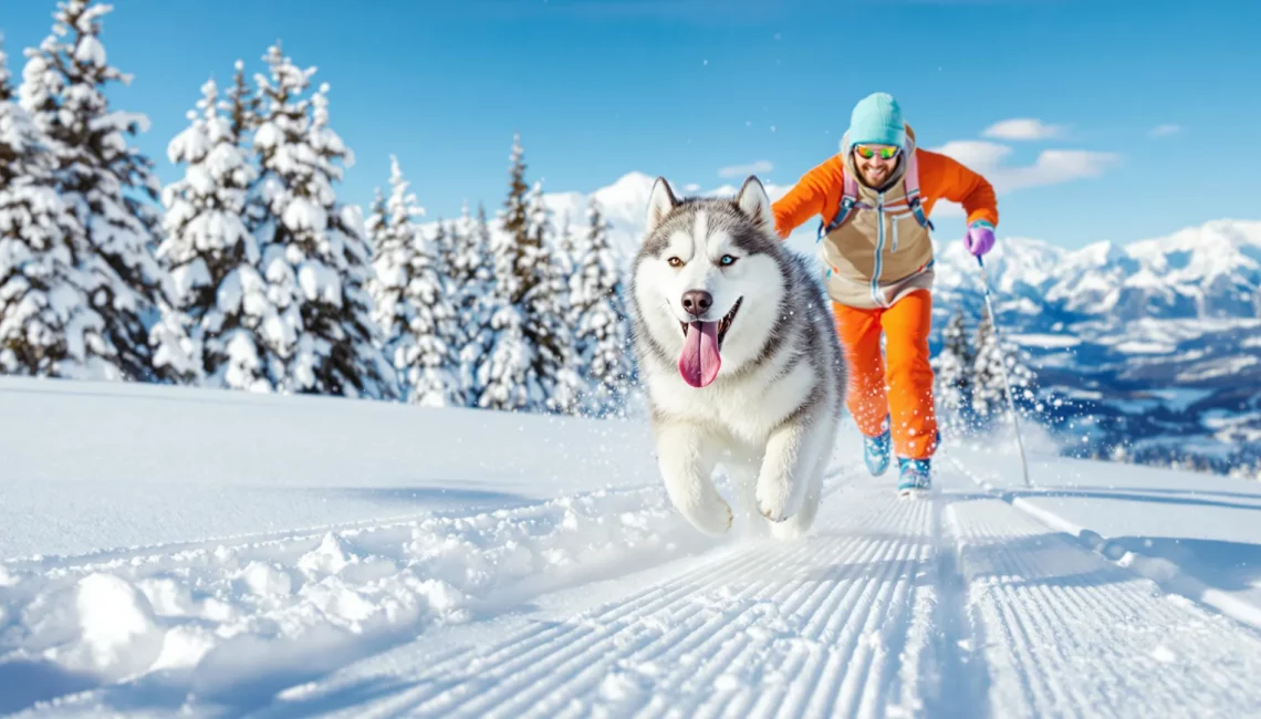 Un homme et son chien en montagne dans la neige