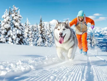 Un homme et son chien en montagne dans la neige