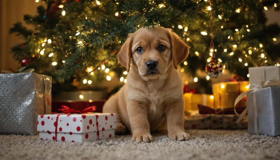 Un chiot au pied d'un sapin de Noël