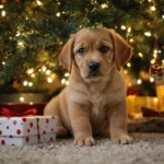 Un chiot au pied d'un sapin de Noël