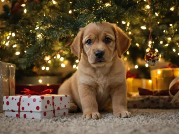 Un chiot au pied d'un sapin de Noël