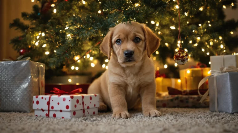 Un chiot au pied d'un sapin de Noël